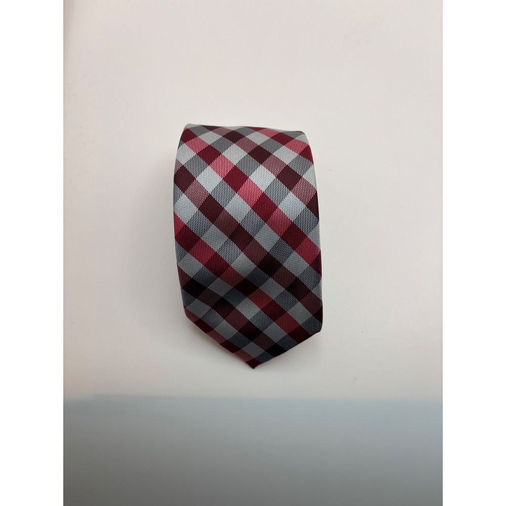 Stacy Adams Mens Necktie Red Grey Black Buffalo Plaid Check Microfiber Hand Made